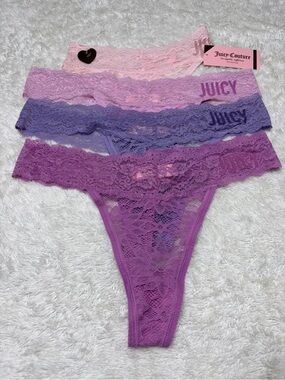 NWT 4 Piece Juicy Couture Lace Thong Bundle Size L Pink Purple Floral